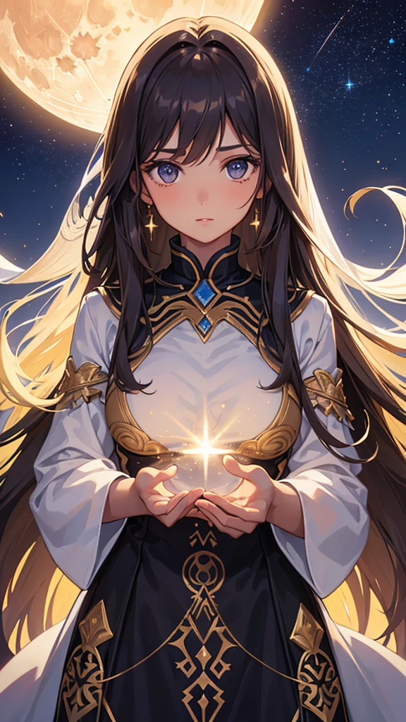 portrait of a beautiful young Caucasian woman, skin tanned, Eye Brown, long straight hair, on a night with a starry sky and a big moon in the sky, Ablaze, Spiritual Aura, simple clothing, inoccent face