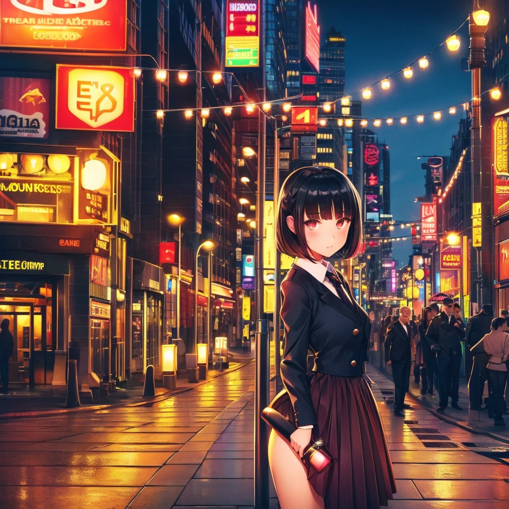 Cute young woman, Black short hair, Brown eyes, Queen,Pleated skirt suit,Street Lights,Neon lights,Bustling street background,(Umbilical cord:1.1,Princess Eyes), noble, Royal Family, high quality, masterpiece, Very detailed