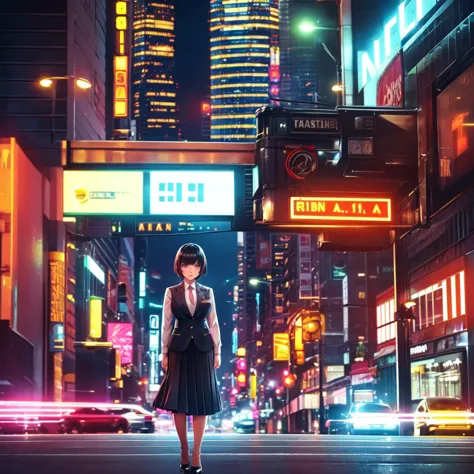 cute young woman, black short hair, brown eyes, queen,pleated skirt suit,street lights,neon lights,bustling street background,(u...