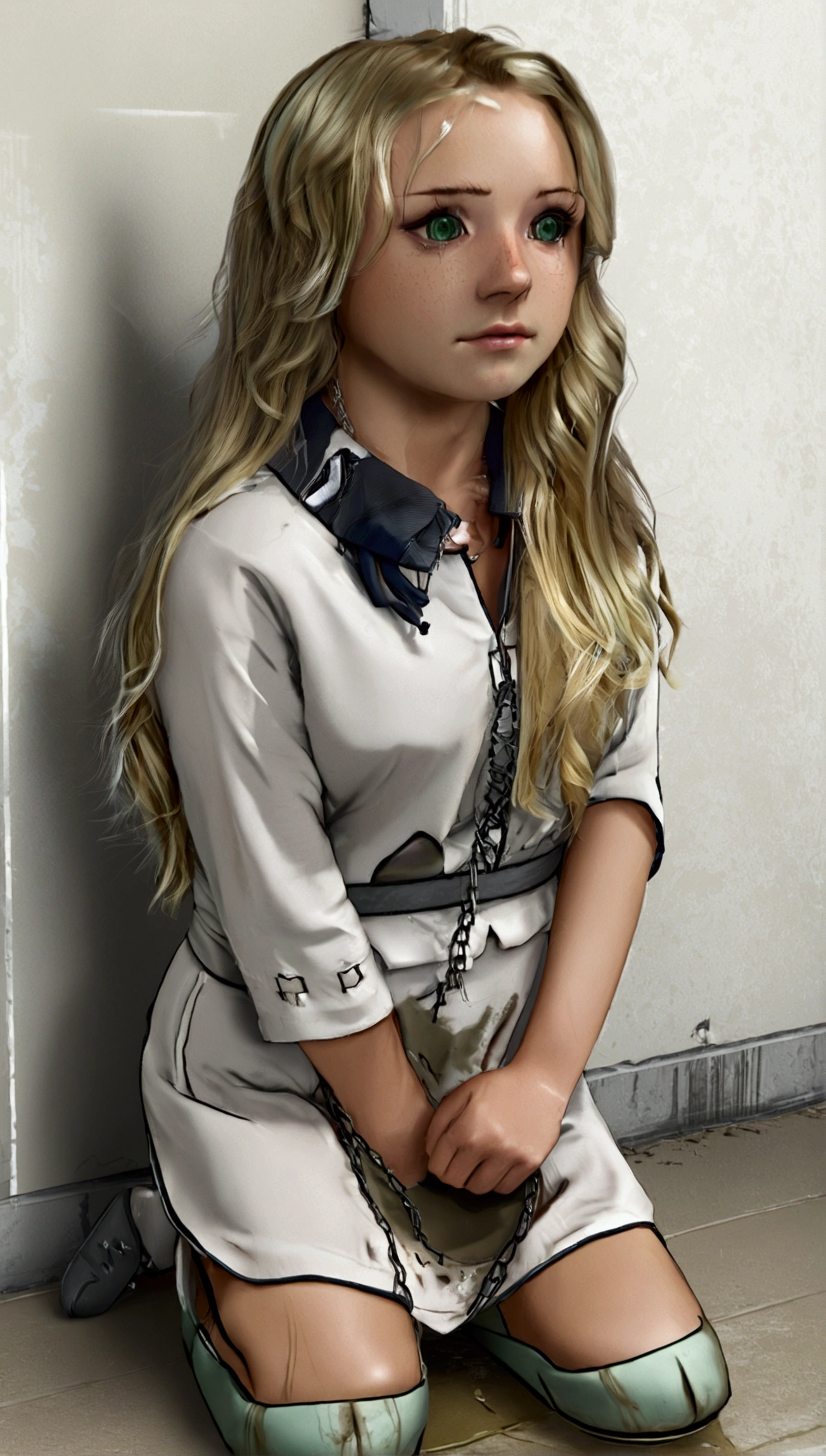 Anime.  1 girl.  Young girl.  Beautiful girl.  Siamese twins.  Two heads.  Blonde.  Long hair.  Beautiful hair.  Wavy hair.  Green eyes.  Beautiful eyes.  Expressive eyes.  Disabled person.  Amputee.  Armless.  Legless.  Slave.  Torn tunic.  Dirty tunic.  Slave collar.  Chained to the wall.  Sits on the floor of the cell.  Cold.  Runny nose.  Nasal mucus.  Snot flows from the nose.  Beautiful nose.  Snotty nose.  Wants to sneeze.  You need to sneeze.  Strong, desperate desire to sneeze.  She sneezes.  Wants to pee.  Need to pee.  Strong, desperate urge to pee.  She peed herself.  Sitting on the floor in a puddle of urine.  Ssbbw.  Very thick body.  Big breasts.  Beautiful breasts.  Ultra high quality.  Highest resolution.  8K.  Full height.  Full body.