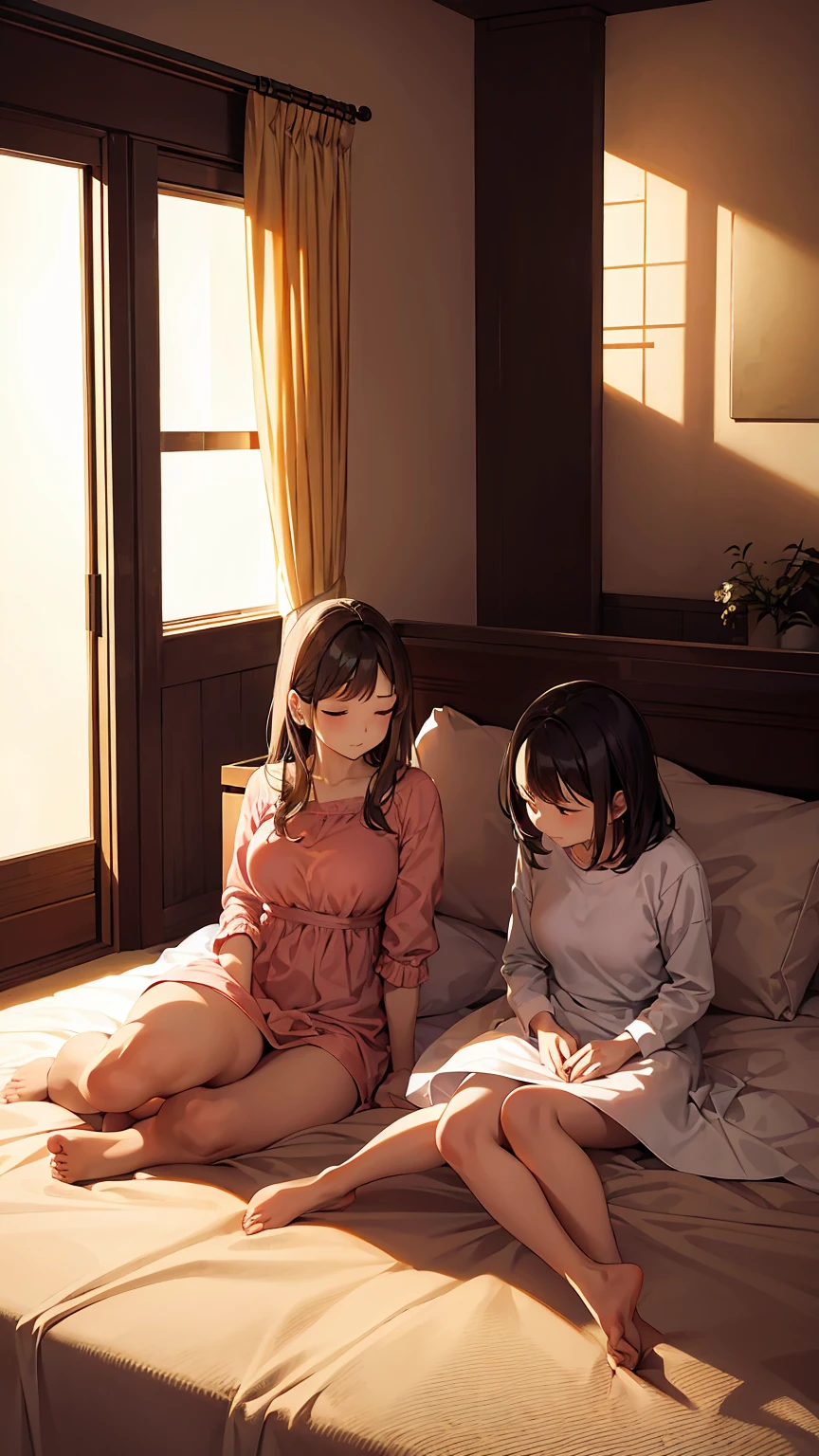 Two Women、Woman sleeping in bed、Woman standing beside the bed、