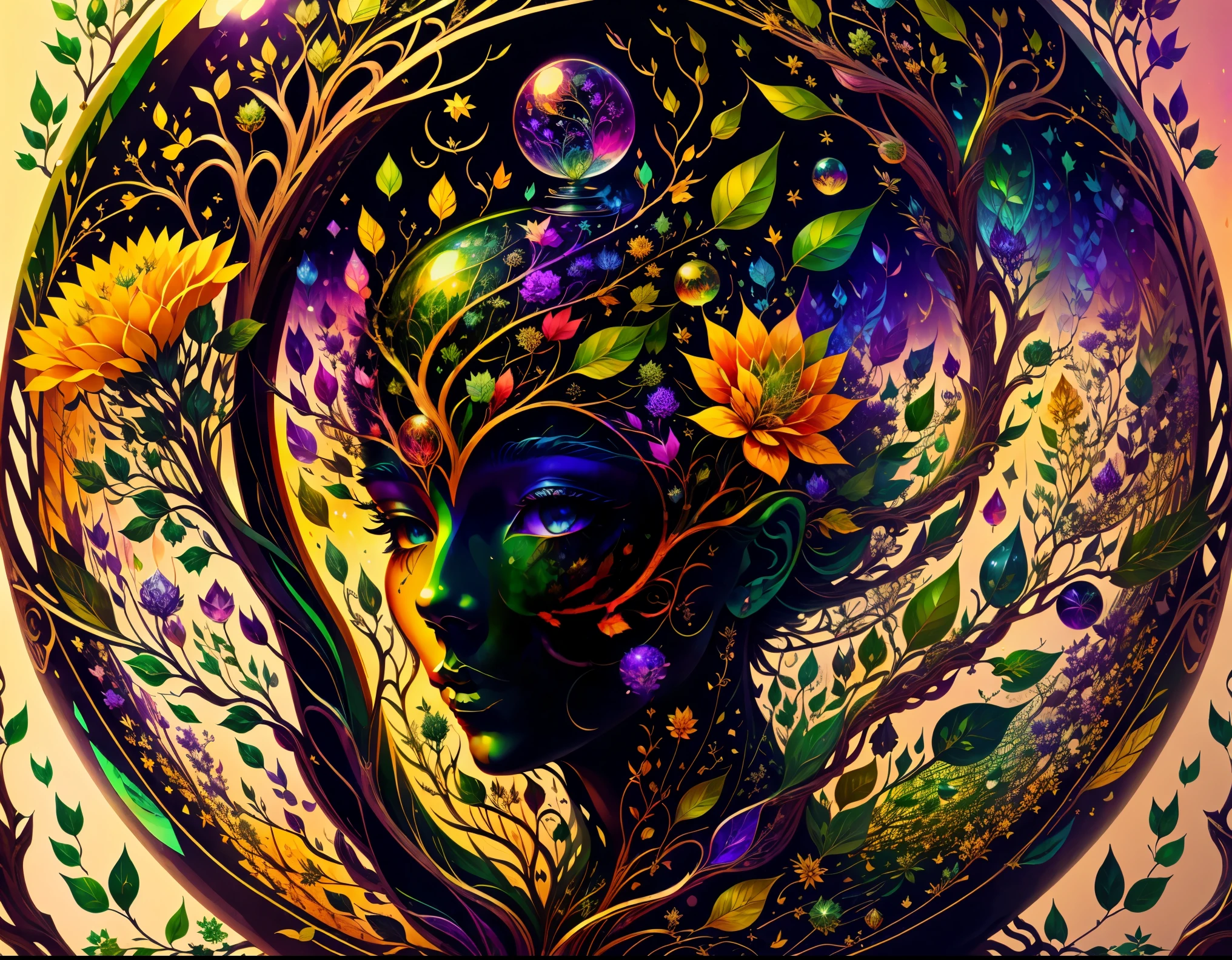 plant girl，Vine Princess，Witch of Thorns，Beautiful line art photo，Use Money color brushstrokes and rainbow paint，Money，Yellow Money Ratio，melted wax，Visible strokes，surrounded by crystal ball，3D Mosaic Wireframe，neuroimaging，Neurons，tree of Life，Farbe，California，Passion，oil on canvas，thick strokes，Crazy details，8k Ultra HD，masterpiece，art station，Surrealism，plant witch，Vine Queen，Witch of Thorns