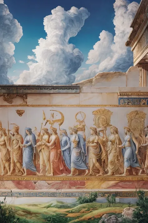 An exquisite ancient Greek artwork depicted on a marble frieze, showcasing a procession of gods, goddesses, and mythological creatures. The detailed and intricate designs are reminiscent of the Parthenon, with each figure adorned in vibrant colors. The background features a stunning blue sky with billowing white clouds, while the foreground showcases a serene landscape with rolling hills and lush vegetation. The overall atmosphere evokes a sense of grandeur and timeless beauty.