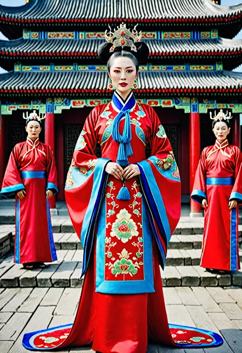 chinese actress ruyi den jow xun looking like empress of the qing dynasty standing full frontal view of the empress in red costu...