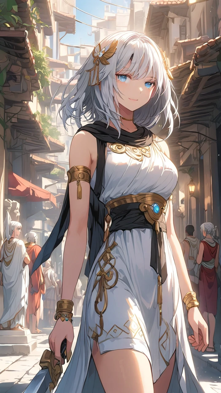 highest quality、masterpiece、1 girl、street background、white hair:1.5、blue eyes 、statue, ancient greek clothes  、Black and white world、Black and white world、medium hair 、side blade,light smile, standing hair ornaments 