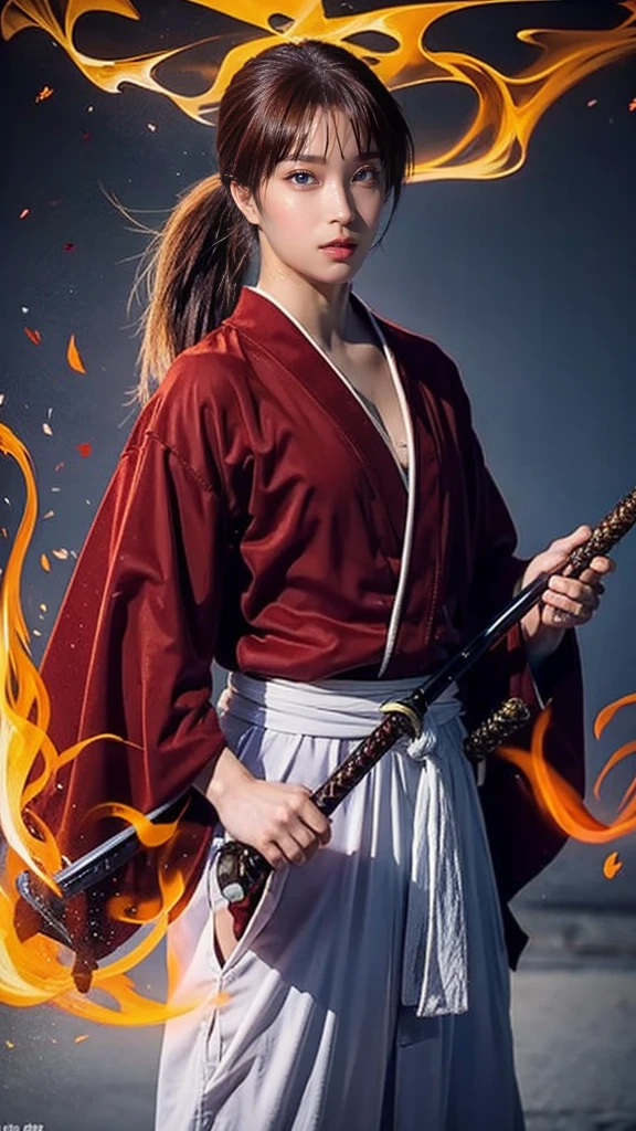 "Rurouni Kenshin",

A moment of frenzy,
capturing the essence of his fiery determination and indomitable spirit,
he exploded in rage,
the action with a straight sword in hand,
bold,
strongly conveying the raw power of Kenshin's rage,
long hair, ponytail, red hair,
sword,
cross mark on left cheek,
high quality, realistic,
20-year-old woman, holding a sword in her hand, surrounded by fire. The man is in a posture of determination, she wears a red kimono with an intricate pattern, combined with a white hakama. The lighting is realistic, emphasizing the intensity of the scene.