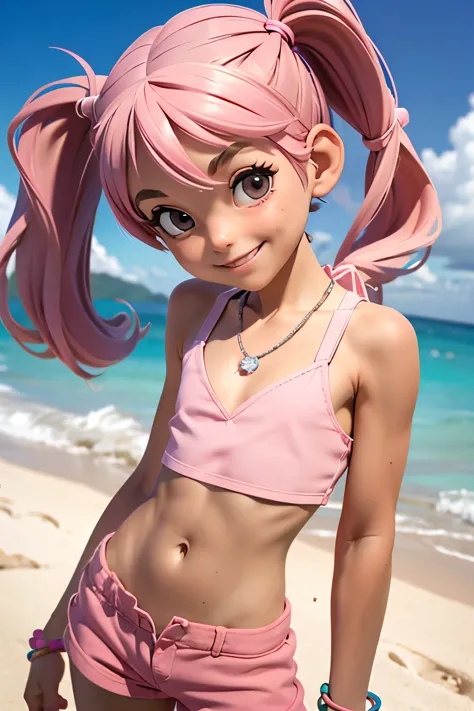 1girl, sfw,, pigtails, (skinny body),((flat chest like a boy:1.2)), pink bikini and cropped cotton shorts, bracelets, necklaces,...