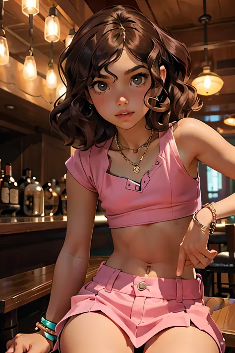 1girl, sfw, (wavy dar hair),((flat chest like a boy:1.2)), pink cropped top and cropped mini skirt, bracelets, necklaces, posing...