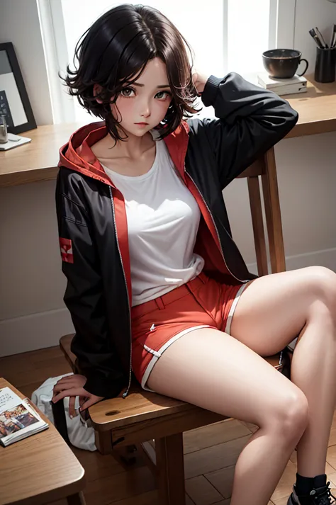 a woman in anime styled outfit sitting on a chair chair with legs out and legs crossed, 1girl, solo, shorts, jacket, sitting, re...