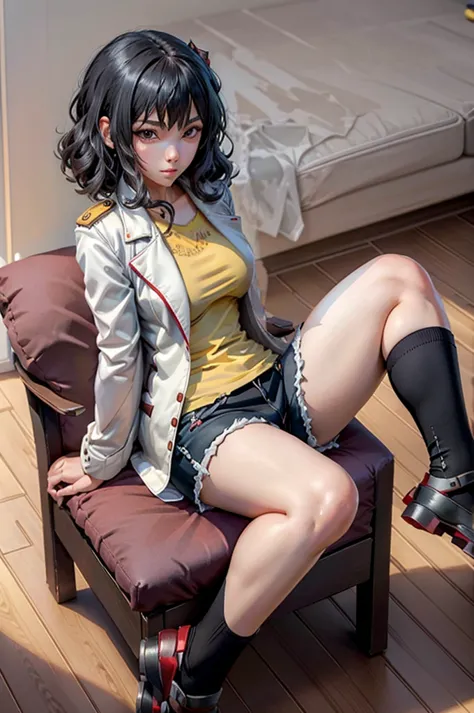 a woman in anime styled outfit sitting on a chair chair with legs out and legs crossed, 1girl, solo, shorts, jacket, sitting, re...