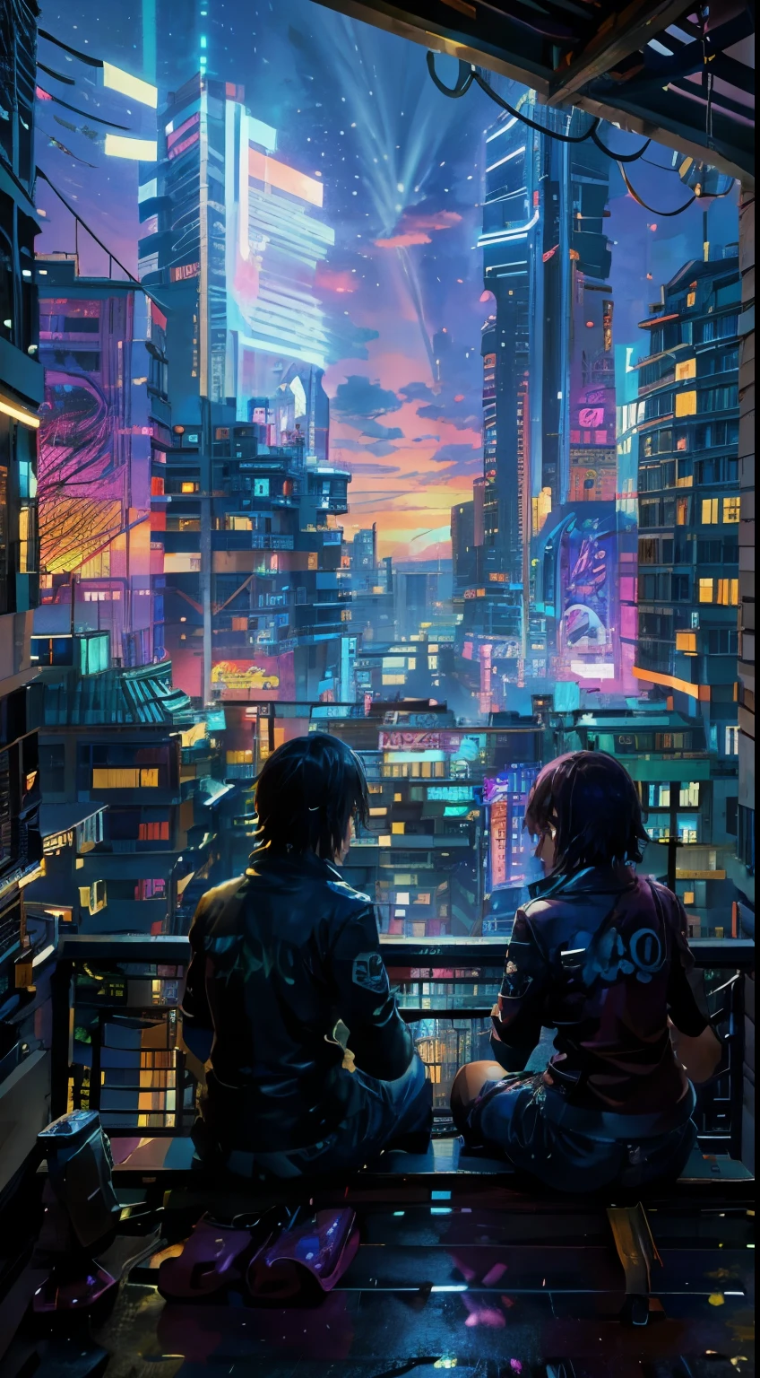 anime couple sitting on a balcony watching the sunset, watching the sun set. anime, lofi artstyle, anime background art, anime style cityscape, beautiful anime scene, lofi art, in style of makoto shinkai, 4 k manga wallpaper, makoto shinkai cyril rolando, hd anime cityscape, ilya kuvshinov landscape, 4k anime wallpaper