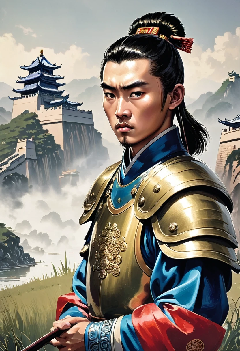 {
"prompt": "A detailed image of a young enemy soldier, looking perplexed and facing directly towards the observer. His expression is one of confusion and suspicion, capturing the psychological impact of Zhugue Liang's strategy. He is wearing simple, traditional Chinese armor typical of the Three Kingdoms period. The background features traditional Chinese landscape elements, with the city walls and Zhugue Liang playing his instrument in the distance.",
"size": "1024x1024"
}
