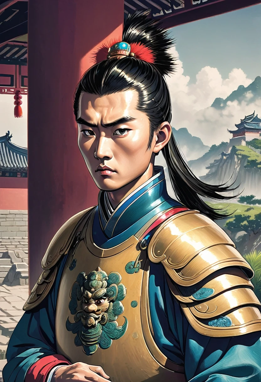 {
"prompt": "A detailed image of a young enemy soldier, looking perplexed and facing directly towards the observer. His expression is one of confusion and suspicion, capturing the psychological impact of Zhugue Liang's strategy. He is wearing simple, traditional Chinese armor typical of the Three Kingdoms period. The background features traditional Chinese landscape elements, with the city walls and Zhugue Liang playing his instrument in the distance.",
"size": "1024x1024"
}
