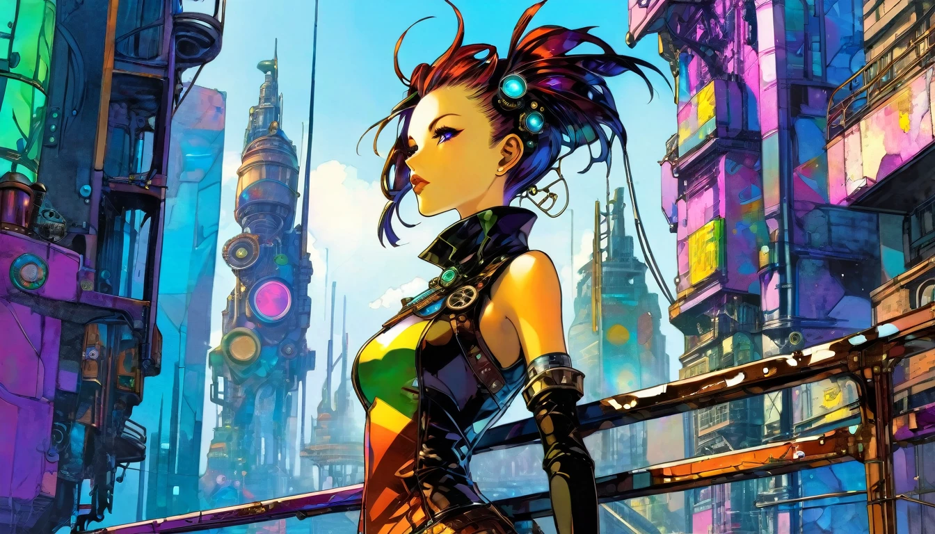 Steampunk girl whose face and body consists of multi-colored fragments of glossy glass, stands on the parapet of a building IN CYBERPUNK CITY  