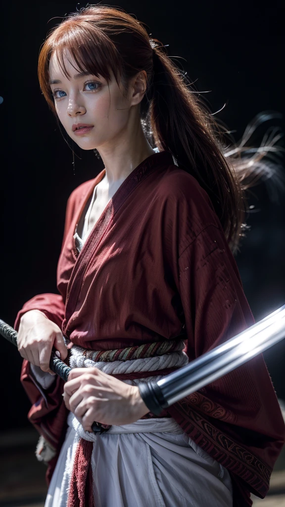 "Rurouni Kenshin",
Moment of enthusiasm, Bold,
Capturing the essence of her fiery determination and indomitable spirit, She explodes in rage, Strongly conveys the raw power of Kenshin's rage, Emphasizing the intensity of the scene, The woman is in a determined stance,
Action with a straight sword in hand,
Long hair, Ponytail, Red hair, Red eyes, Bright red lipstick,
Katana, Holding a sword in hand,
Cross sign on left cheek,
High quality, Realistic,
20-year-old woman,
She wears a red kimono with an intricate pattern, Combined with a white hakama,
The lighting is realistic, (Masterpiece+Top quality+High resolution+Very detailed), (Full body:1.2),Symmetrical, One cut,