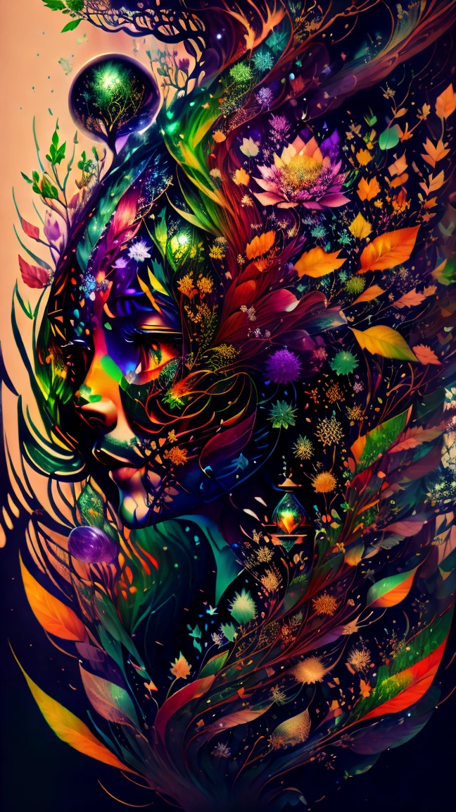 plant girl, Vine Princess, Witch of Thorns, Beautiful line art photo, Use green color brushstrokes and rainbow paint, Yellow green Ratio, melted wax, Visible strokes, surrounded by crystal ball, 3D Mosaic Wireframe, neuroimaging, Neurons, tree of Life, Farbe, Passion, oil on canvas, thick strokes, Crazy details, 8k Ultra HD, masterpiece, art station, Surrealism, plant witch, Vine Queen, Witch of Thorns