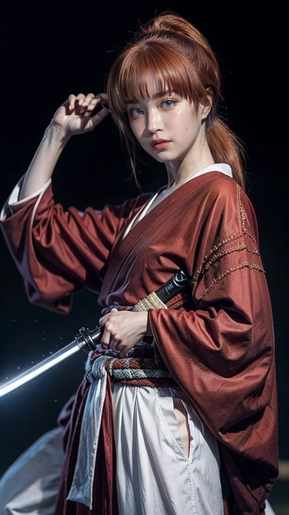 "Rurouni Kenshin",
Moment of enthusiasm, Bold,
Capturing the essence of her fiery determination and indomitable spirit, She explodes in rage, Strongly conveys the raw power of Kenshin's rage, Emphasizing the intensity of the scene, The woman is in a determined stance,
Action with a straight sword in hand,
Long hair, Ponytail, Red hair, ((Red eyes)), Bright red lipstick,
Katana, Holding a sword in hand,
Cross sign on left cheek,
High quality, Realistic,
20-year-old woman,
She wears a red kimono with an intricate pattern, Combined with a white hakama,
The lighting is realistic, (Masterpiece+Top quality+High resolution+Very detailed), (Full body:1.2),Symmetrical, One cut,