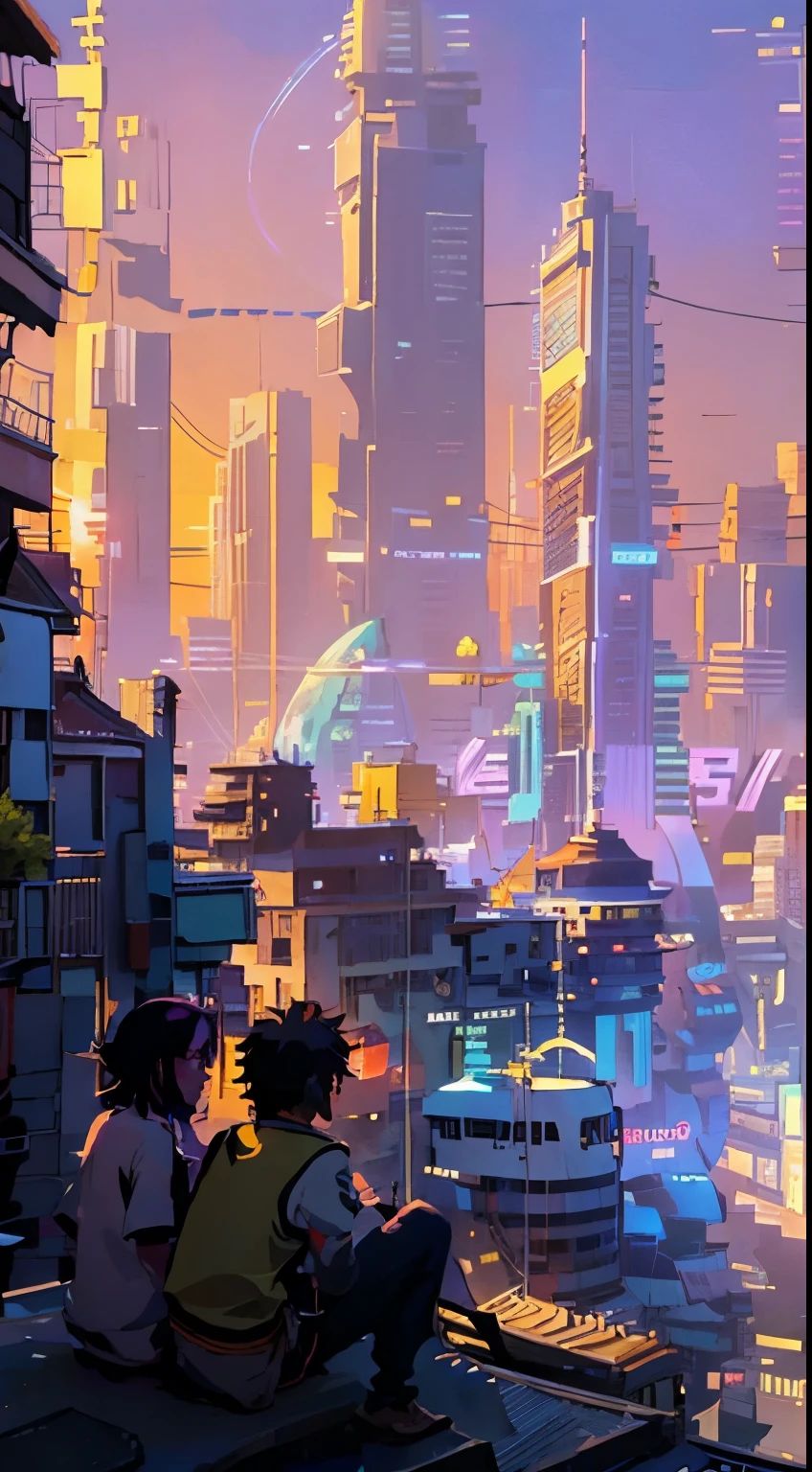 animado couple sitting on a balcony watching the sunset, viendo la puesta de sol. animado, estilo lofistyle, animado background art, animado style cityscape, beautiful animado scene, estilo lofi, al estilo de makoto shinkai, Fondo de pantalla manga 4k, Makoto Shinkai Cyril Rolando, hd animado cityscape, El paisaje de Iliá Kuvshinov, 4k animado wallpaper