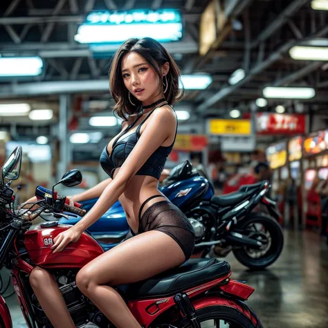 (ExtremelyDetailed((Song Joo A))) clearly visible the shape of Butt, Radiant Ivory Skin with Transparency, motor cycle event gir...