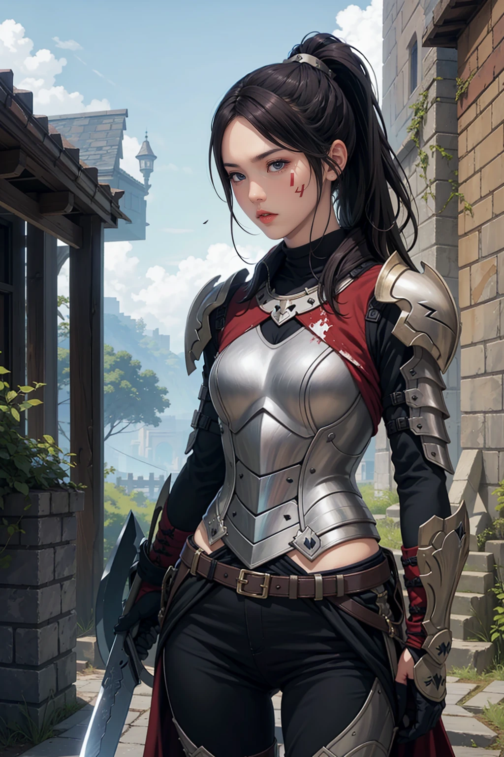 1 girl, black ponytail hair, wearing black knight armor, standing outside castle, holding up high long sword, serious face, bleedand cut all over her face, 