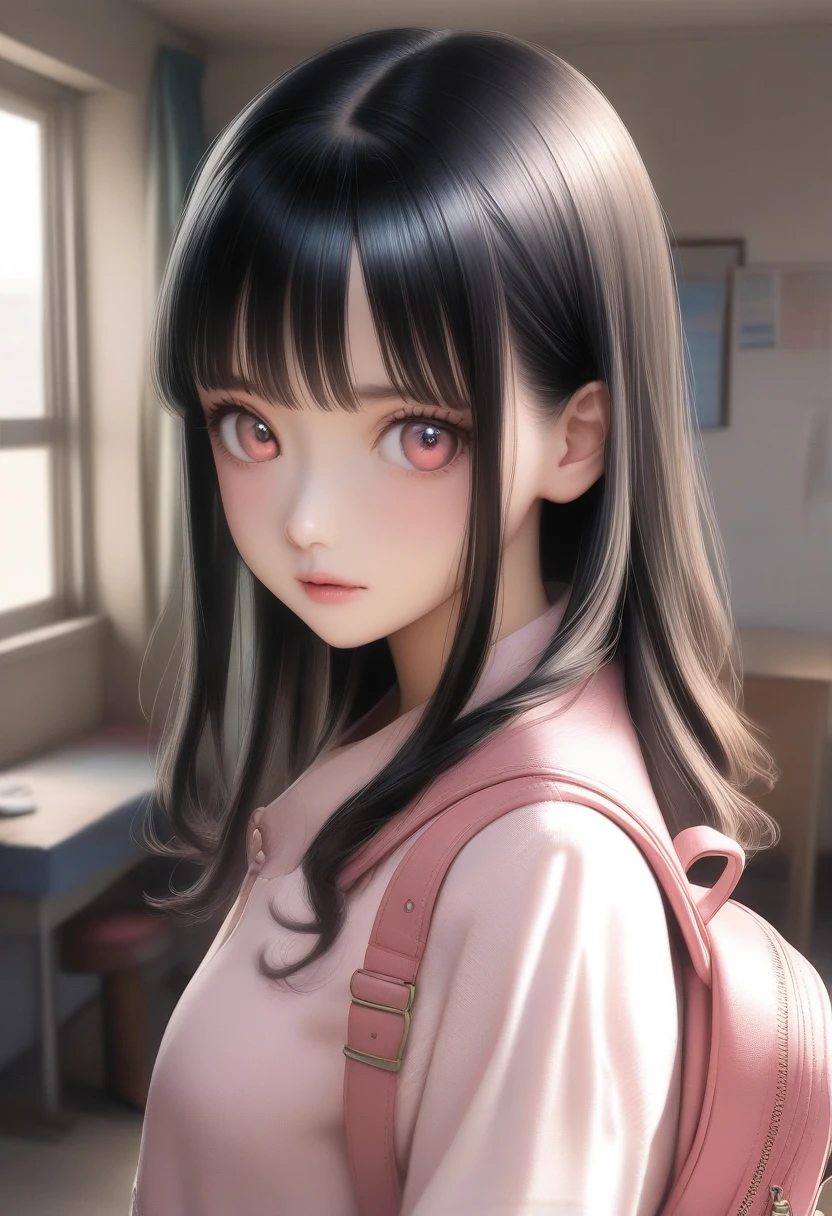 Anime Girls with long black hair and a backpack in a room, Anime Moe Art Style, Beautiful anime school girl, Realistic school girl, hyperRealistic school girl, Cute girl anime visuals, Surreal , cute Anime Girls, attractive Anime Girls, an Anime Girls, Smooth anime CG art, portrait Anime Girls, young Anime Girls, (Anime Girls)