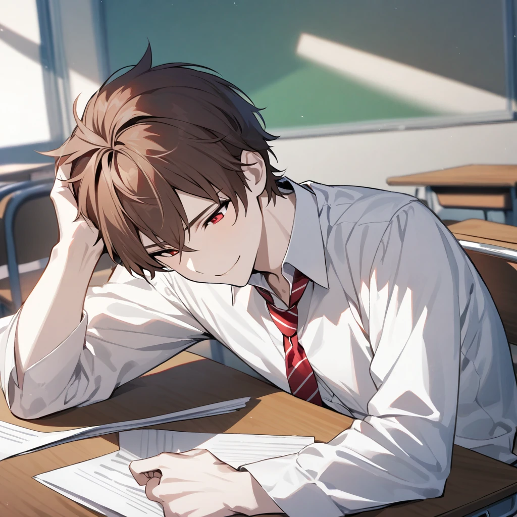 a boy with short brown hair, red eyes, wearing a white shirt, red striped tie, smiling, sitting on a desk in the classroom with his head down on the desk, holding a small piece of paper in his hand, pale skin, Half body, best quality