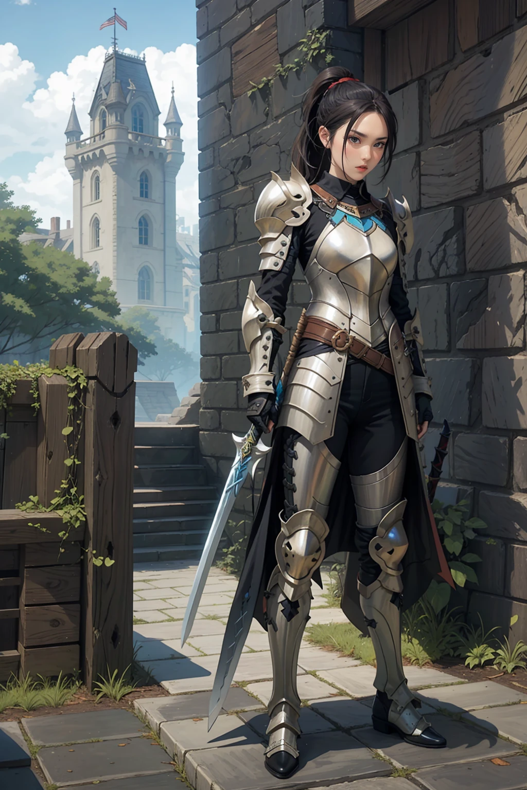 1 girl, black ponytail hair, wearing black knight armor((barioth x armor)), standing outside castle, holding long sword, serious face, fullbody shot, 