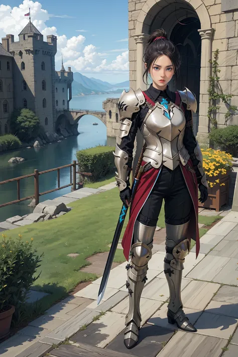 1 girl, black ponytail hair, wearing black knight armor((barioth x armor)), standing outside castle, holding long sword, serious...
