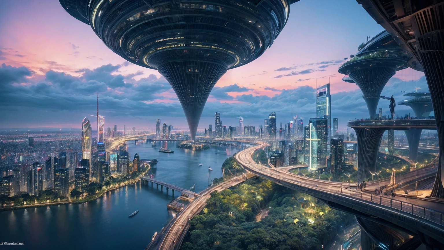 (Best quality,4K,8K,A high resolution,Masterpiece:1.2),Ultra-detailed,(Realistic,Photorealistic,photo-realistic:1.37),Futuristic floating city,Futuristic technology,Huge urban high-tech tablet platform,Airship,Floating in the sky,Futuristic city,Small airships around,High-tech hemispherical platform,Colorful lights,Advanced architecture,modernn architecture,skyscrapper,Access the cloud,Scenic beauty,view over city,Impressive design,Blend seamlessly with nature,energetic and vibrant atmosphere,Futuristic transportation system,Parking is suspended,Transparent path,Lush greenery,Sky gardens,cascading waterfalls,Magnificent skyline,reflections on the water,Sparkling river,Architectural innovation,futuristic skyscrapers,Transparent dome,The shape of the building is unusual,Elevated walkway,Impressive skyline,Glowing lights,Futuristic technology,Minimalist design,Scenic spots,Panoramic view,Cloud Piercing Tower,Vibrant colors,epic sunrise,epic sunset,Dazzling light display,magical ambiance,The future city,Urban Utopia,LuxuryLifestyle,Innovative energy,sustainable development,Smart city technology,Advanced infrastructure,Tranquil atmosphere,Nature and technology live in harmony,Awesome cityscape,Unprecedented urban planning,Architecture connects seamlessly with nature,High-tech metropolis,A cutting-edge engineering marvel,The future of urban living,Visionary architectural concept,Energy-efficient buildings,Harmony with the environment,A city floating above the clouds,Utopian dreams become reality,The possibilities are endless,State-of-the-art transportation network,Green energy integration,Innovative materials,Impressive holographic display,Advanced communication system,Breathtaking aerial view,Quiet and peaceful environment,Modernist aesthetics,Ethereal beauty