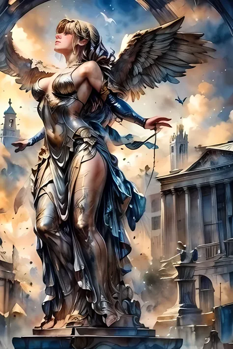 a winged victory of samothrace, beautiful watercolor painting, highly detailed, (best quality,4k,8k,highres,masterpiece:1.2),ultra-detailed,(realistic,photorealistic,photo-realistic:1.37),vibrant colors,soft lighting,dramatic pose,intricate details,flowing drapery,delicate brushstrokes,ethereal atmosphere,glowing highlights,exquisite texture,graceful movement,classical statue,museum display,dramatic lighting