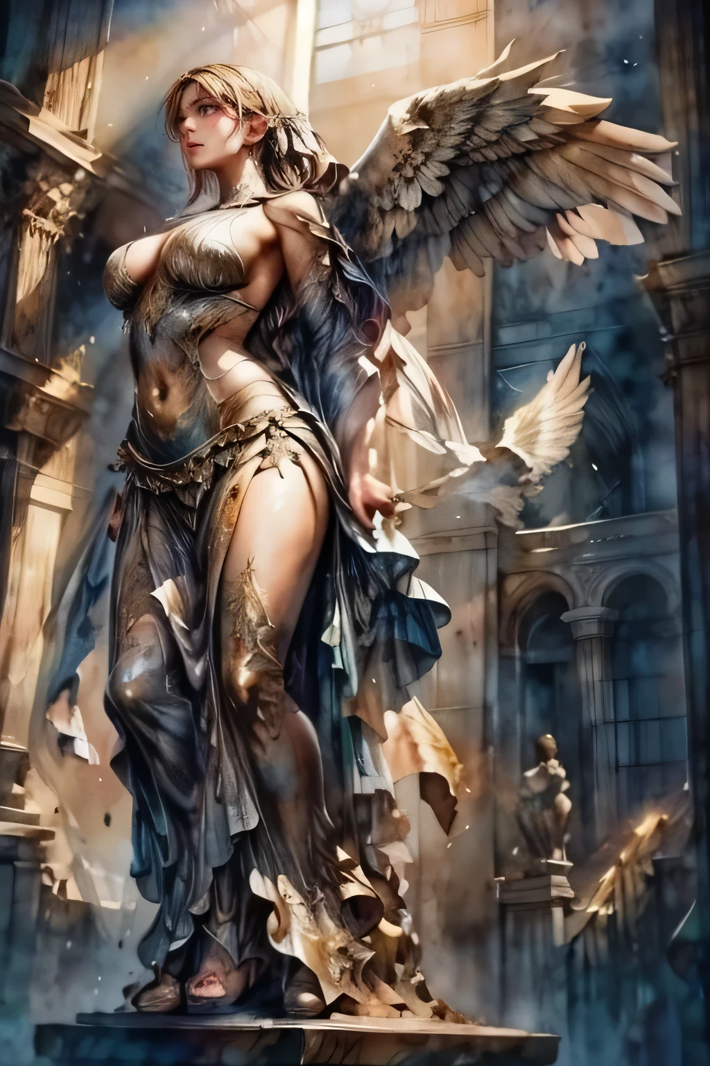 a winged victory of samothrace, beautiful watercolor painting, highly detailed, (best quality,4k,8k,highres,masterpiece:1.2),ultra-detailed,(realistic,photorealistic,photo-realistic:1.37),vibrant colors,soft lighting,dramatic pose,intricate details,flowing drapery,delicate brushstrokes,ethereal atmosphere,glowing highlights,exquisite texture,graceful movement,classical statue,museum display,dramatic lighting