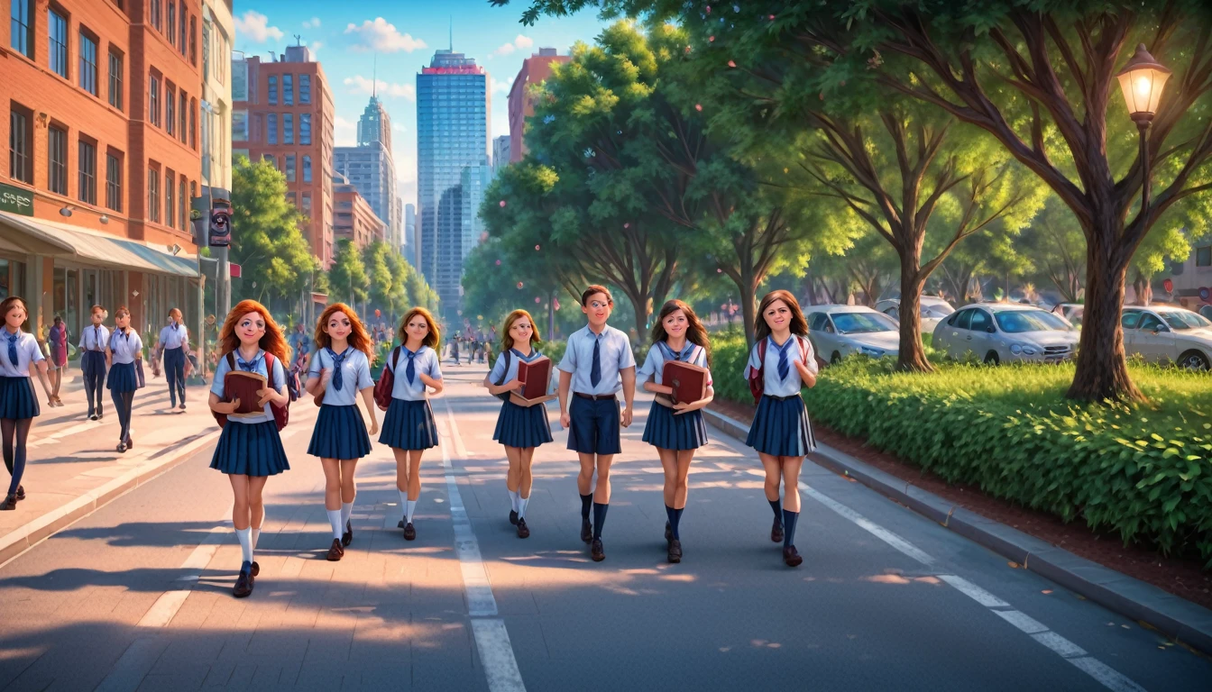 a group of students walking to school in Bangladesh, carrying books, smiling with determination, Pixar style, 8k, photorealistic, highly detailed, vibrant colors, warm lighting, dynamic camera angle, cinematic composition, joyful expressions, backpacks, school uniforms, city street background, brick buildings, trees, lush greenery