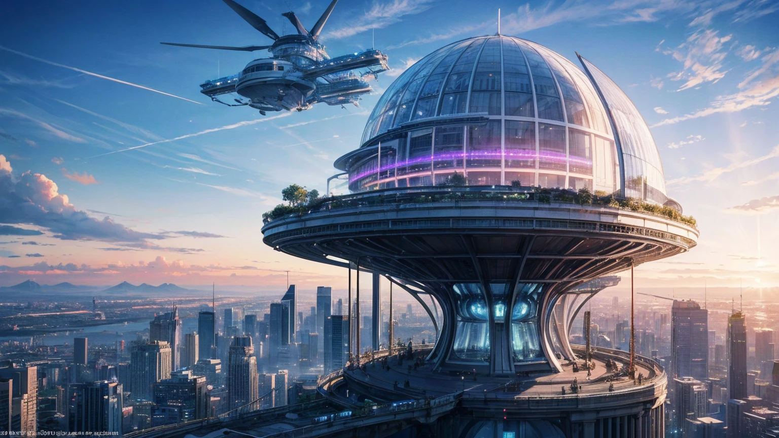 (Best quality,4K,8K,A high resolution,Masterpiece:1.2),Ultra-detailed,(Realistic,Photorealistic,photo-realistic:1.37),Futuristic floating city,Futuristic technology,Huge urban high-tech tablet platform,Airship,Floating in the sky,Futuristic city,Small airships around,High-tech hemispherical platform,Colorful lights,Advanced architecture,modernn architecture,skyscrapper,Access the cloud,Scenic beauty,view over city,Impressive design,Blend seamlessly with nature,energetic and vibrant atmosphere,Futuristic transportation system,Parking is suspended,Transparent path,Lush greenery,Sky gardens,cascading waterfalls,Magnificent skyline,reflections on the water,Sparkling river,Architectural innovation,futuristic skyscrapers,Transparent dome,The shape of the building is unusual,Elevated walkway,Impressive skyline,Glowing lights,Futuristic technology,Minimalist design,Scenic spots,Panoramic view,Cloud Piercing Tower,Vibrant colors,epic sunrise,epic sunset,Dazzling light display,magical ambiance,The future city,Urban Utopia,LuxuryLifestyle,Innovative energy,sustainable development,Smart city technology,Advanced infrastructure,Tranquil atmosphere,Nature and technology live in harmony,Awesome cityscape,Unprecedented urban planning,Architecture connects seamlessly with nature,High-tech metropolis,A cutting-edge engineering marvel,The future of urban living,Visionary architectural concept,Energy-efficient buildings,Harmony with the environment,A city floating above the clouds,Utopian dreams become reality,The possibilities are endless,State-of-the-art transportation network,Green energy integration,Innovative materials,Impressive holographic display,Advanced communication system,Breathtaking aerial view,Quiet and peaceful environment,Modernist aesthetics,Ethereal beauty