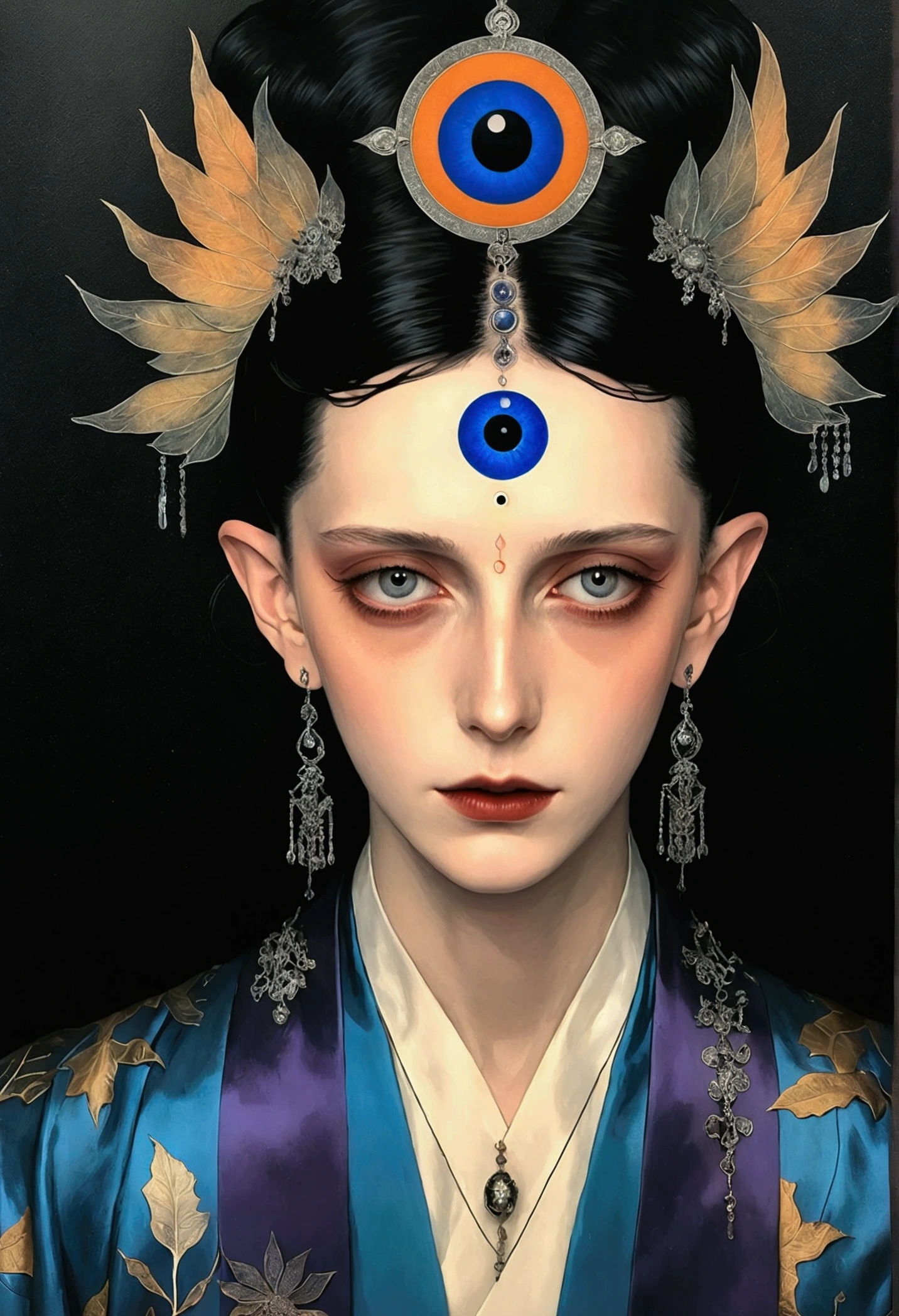 The art of math，Digital Illustration，Drawing，Decorative paintings，Watercolor，(((Harry Clark (Harry Clarke) style,圣地亚哥·卡鲁索style)))，Simple，clean，Fine painting style，(((The third eye on the forehead。short hair，Pointed ears，robe)))，Wide Angle，Black and blue，Solid color background，Human anatomy is correct