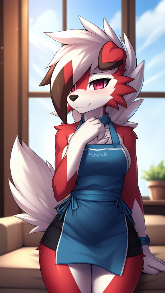 By zinfyu,by twistedscarlet60, uploaded on pixiv, by fluff-kevlar, (masterpiece), (best quality), (solo female:1.2), (extremely detailed:1.3),(detailed eye,black circle on eye,pink eye), lycanroc midnight, view on viewer, close view, shy face, half body on potrait, only body and head, close view, wearing kitchen apron,in living room, (tail:1.1), closeup photo of lycanroc