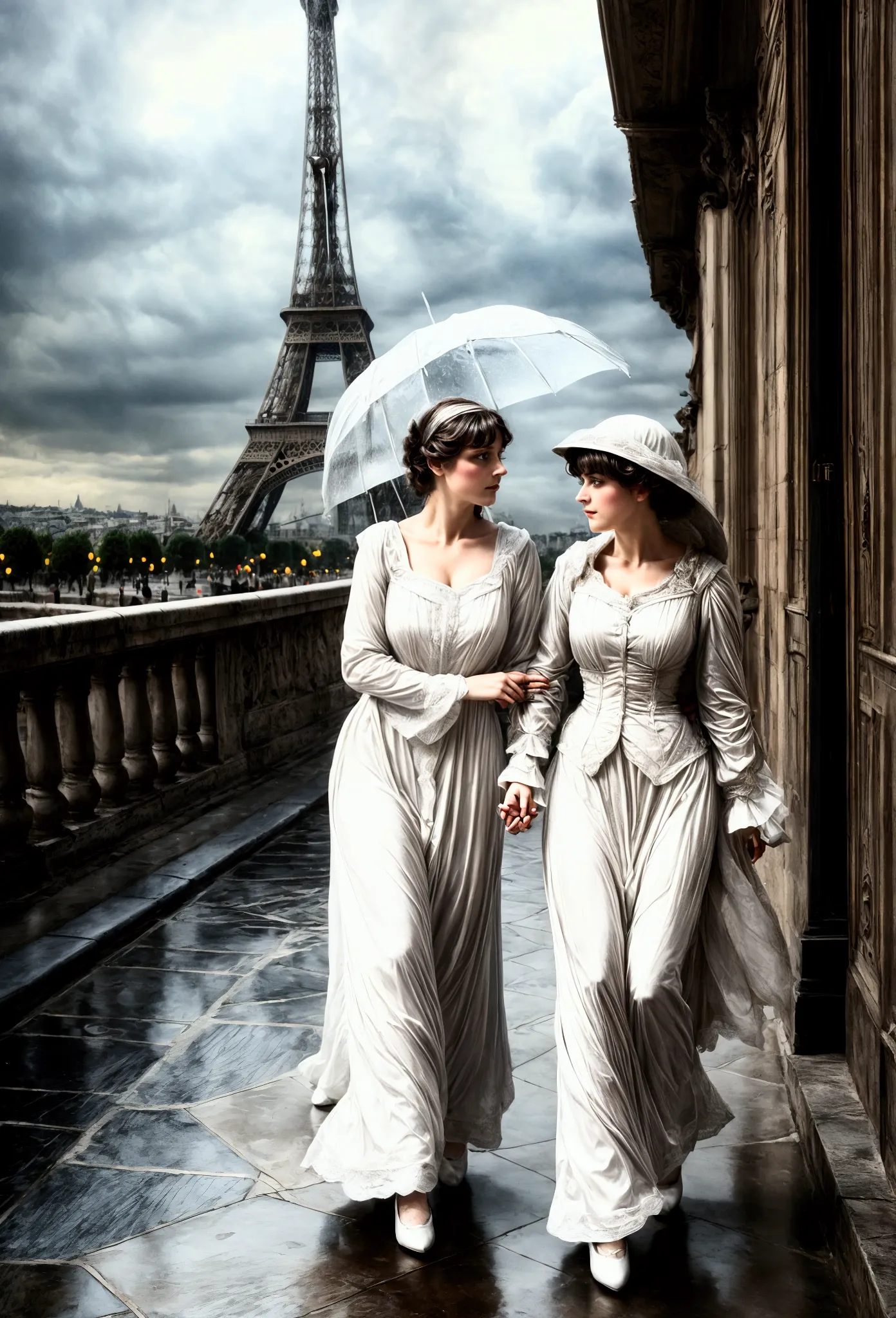 paris , stormy scene, edwardian women dressed in white, watercolor