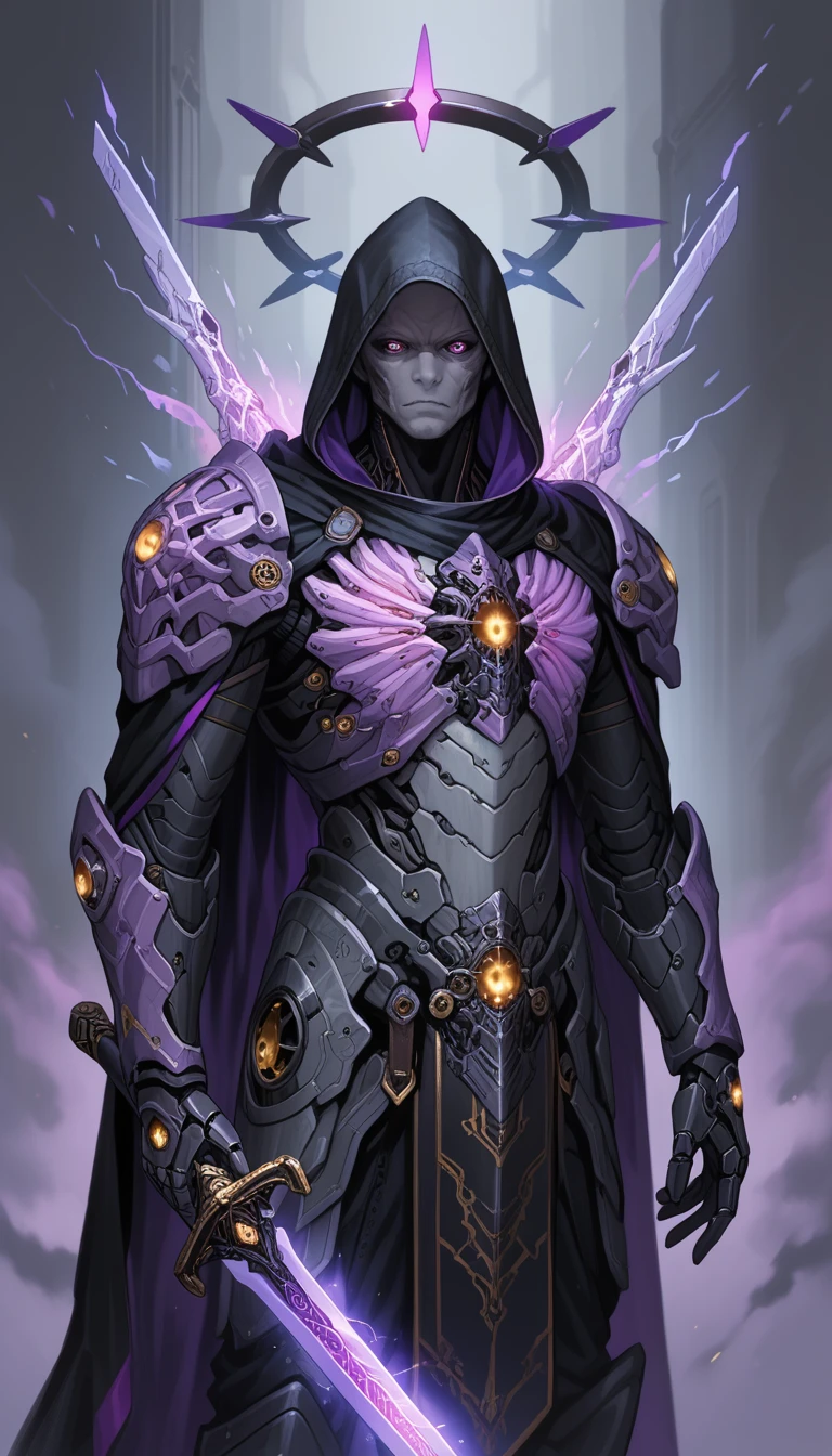 1 male,solo,grey skin, villian,black mechanical armor,full armor,detailed texture,fantasy,pale skin,energy veins on armor,black cloak,black hood, glowing purple eyes,black sclera,detailed,(machina),(glowing purple trim:1.3),detailed texture,black colour halo,detailed texture,headgear,standing,holding sword,runes