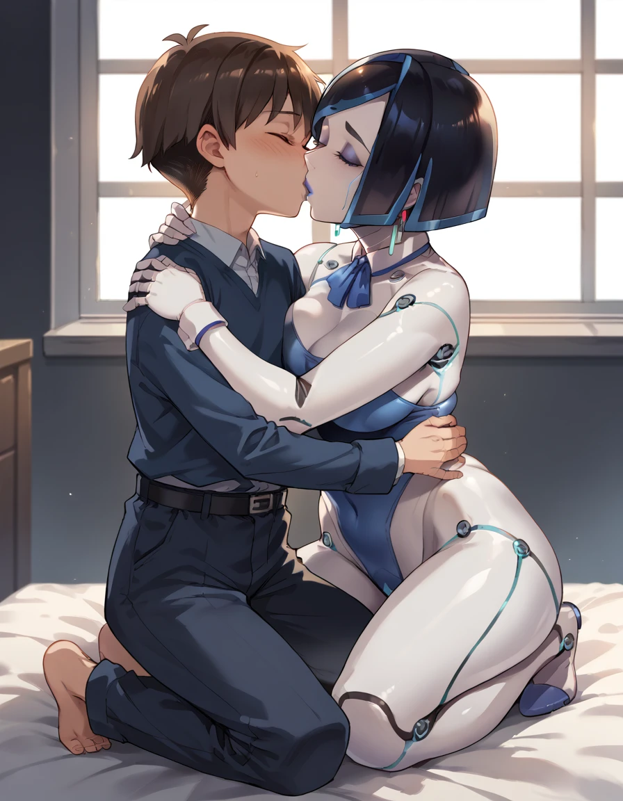 score_9, score_8_up, score_7_up, source_anime, 1boy, 1girl, mature female, female robot, mother and son, kid, hug, kiss, bosom, kneeling