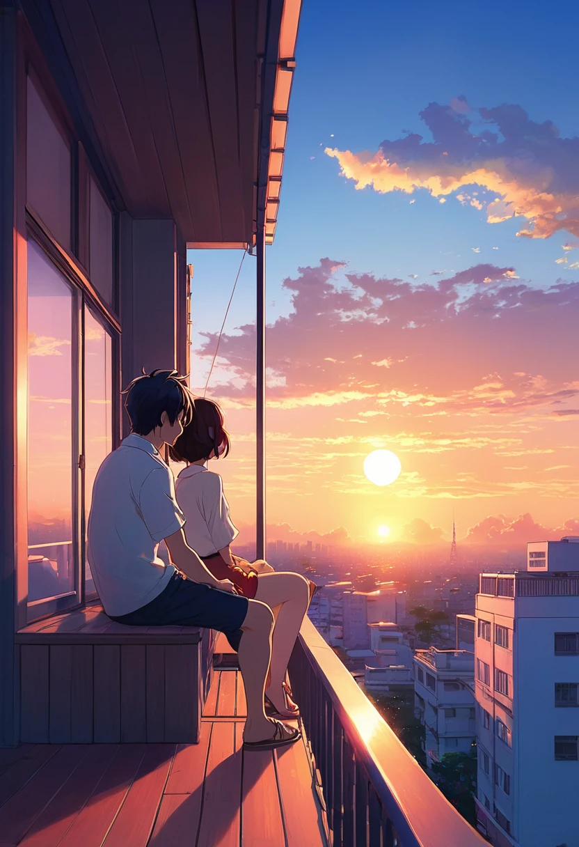 anime couple sitting on a balcony watching the sunset, watching the sun set. anime, lofi artstyle, anime background art, anime style cityscape, beautiful anime scene, lofi art, in style of makoto shinkai, 4 k manga wallpaper, makoto shinkai cyril rolando, hd anime cityscape, ilya kuvshinov landscape, 4k anime wallpaper