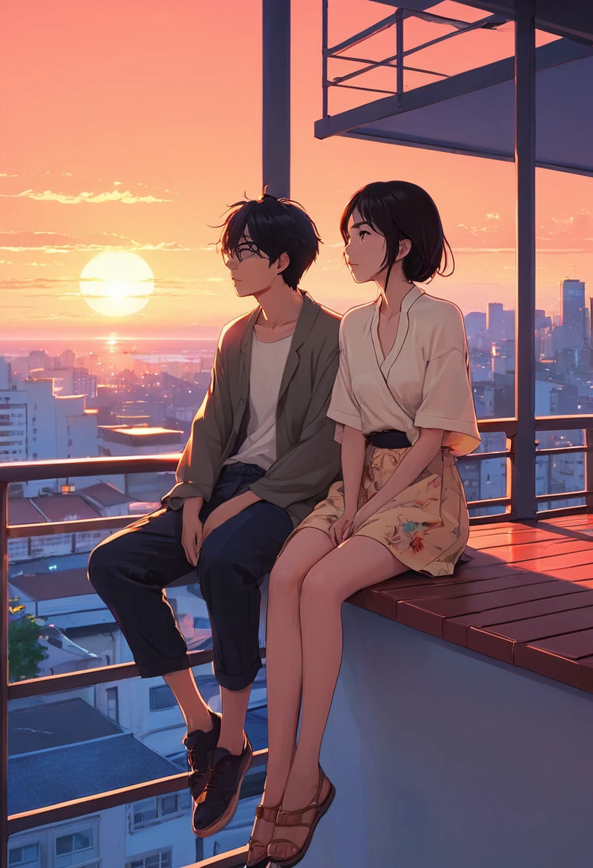 anime couple sitting on a balcony watching the sunset, watching the sun set. anime, lofi artstyle, anime background art, anime style cityscape, beautiful anime scene, lofi art, in style of makoto shinkai, 4 k manga wallpaper, makoto shinkai cyril rolando, hd anime cityscape, ilya kuvshinov landscape, 4k anime wallpaper