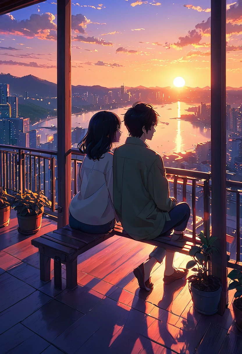 anime couple sitting on a balcony watching the sunset, watching the sun set. anime, lofi artstyle, anime background art, anime style cityscape, beautiful anime scene, lofi art, in style of makoto shinkai, 4 k manga wallpaper, makoto shinkai cyril rolando, hd anime cityscape, ilya kuvshinov landscape, 4k anime wallpaper