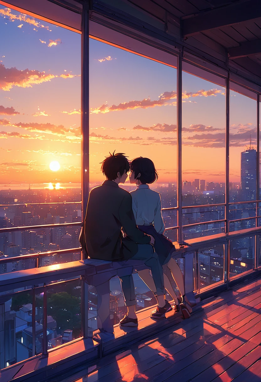 anime couple sitting on a balcony watching the sunset, watching the sun set. anime, lofi artstyle, anime background art, anime style cityscape, beautiful anime scene, lofi art, in style of makoto shinkai, 4 k manga wallpaper, makoto shinkai cyril rolando, hd anime cityscape, ilya kuvshinov landscape, 4k anime wallpaper