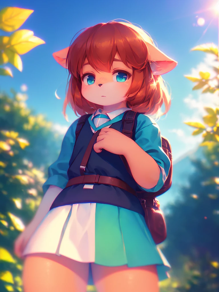 (Sumilux f1.4 50mm , low Latitude old color negative film , cross process , bokeh, flare, chromatic aberration , soft focus, (Shallow focus) , soft glow , Maximum aperture, high Key , Transparent depiction)  , Dwarf girl carrying a large backpack