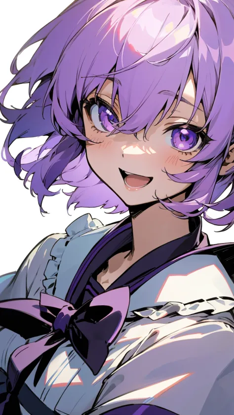 １girl、yuitsuki yukari、light purple hair、short hair、(hair between the eyes) )、upper body close-up、laughter