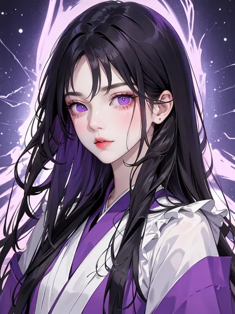 (flat color:1.1),(masterpiece:1.2), original, medium length straight black hair, purple-colored eyes, mature girl　　ウエディングドレス