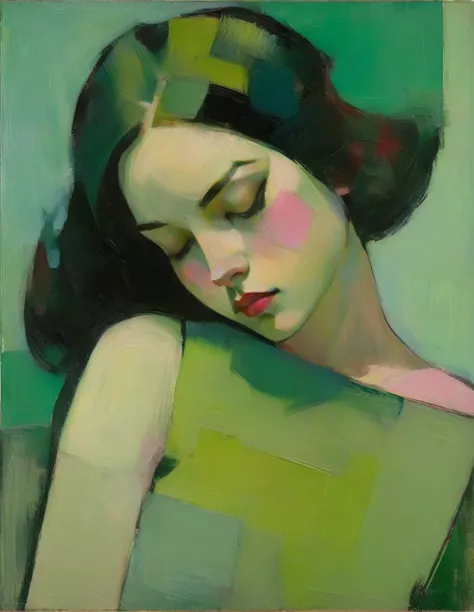 Create a portrait of a young woman in a semi-reclining pose with a pensive expression. Use a painterly style inspired by Malcolm...