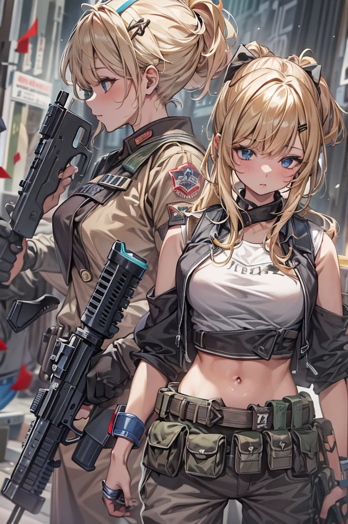 ((Highest quality))、((masterpiece))、(detailed)、((Anatomically correct))、(High resolution、8k)、(Beautiful Skin:1.1)、One woman、(Beautiful eyes:1.2)、(Assault rifle)、(Assault rifleを構える:1.3)、Splattering cartridge cases、Blonde、ponytail、Black short tank top、Erect nipples、Belly button、Black hot pants、Gunfight、Urban Warfare