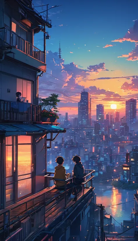 anime couple sitting on a balcony watching the sunset, watching the sun set. anime, lofi artstyle, anime background art, anime s...