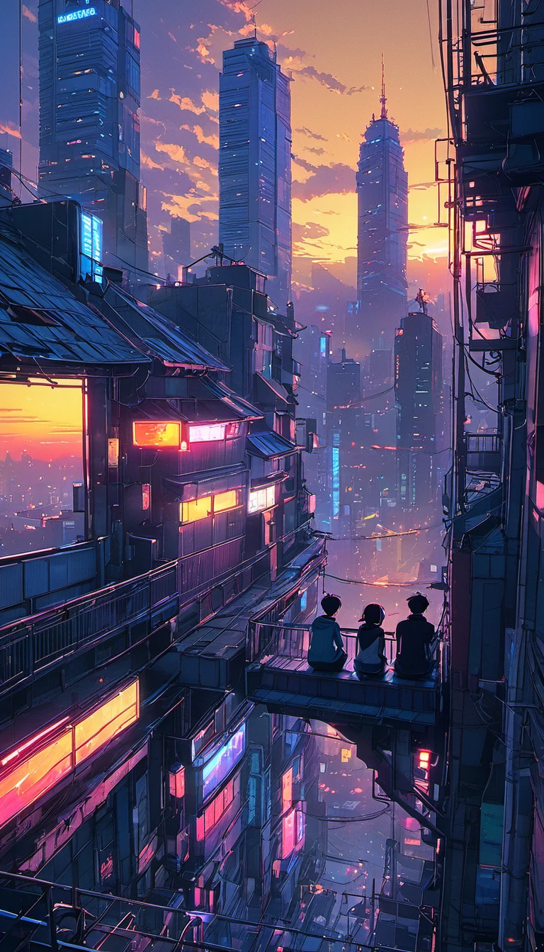 anime couple sitting on a balcony watching the sunset, watching the sun set. anime, lofi artstyle, anime background art, anime style cityscape, beautiful anime scene, lofi art, in style of makoto shinkai, 4 k manga wallpaper, makoto shinkai cyril rolando, hd anime cityscape, ilya kuvshinov landscape, 4k anime wallpaper