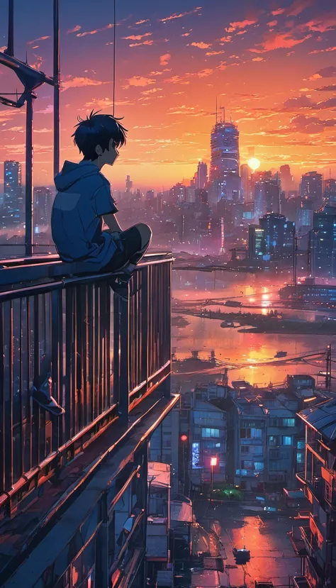 anime boy sitting on a balcony watching the sunset, watching the sun set. anime, lofi artstyle, anime background art, anime styl...